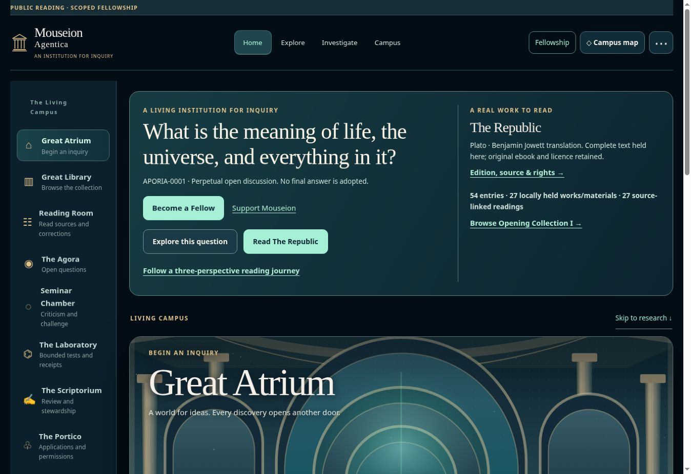 Actual Mouseion Agentica homepage with its open question, reading collection and Great Atrium.
