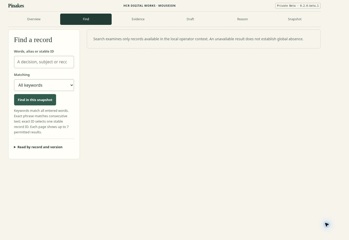 Pinakes private Beta showing an empty Find workspace, matching controls and a source-scope explanation. No internal records are loaded.