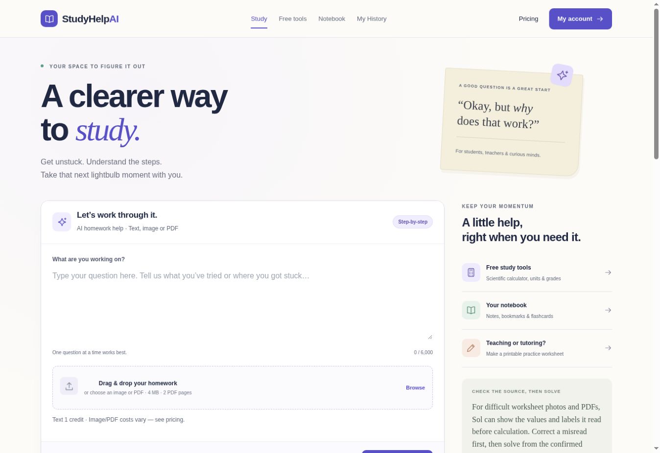 Actual StudyHelpAI homepage with its question workspace, upload controls and study tools.